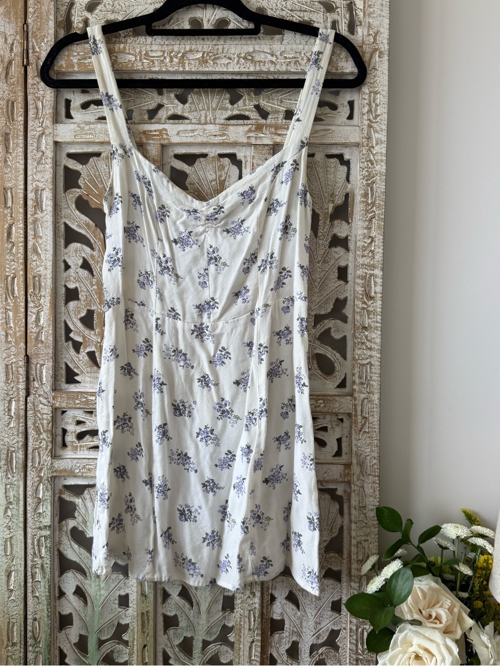 REFORMATION White Floral Mini Dress with Lavender Blossoms